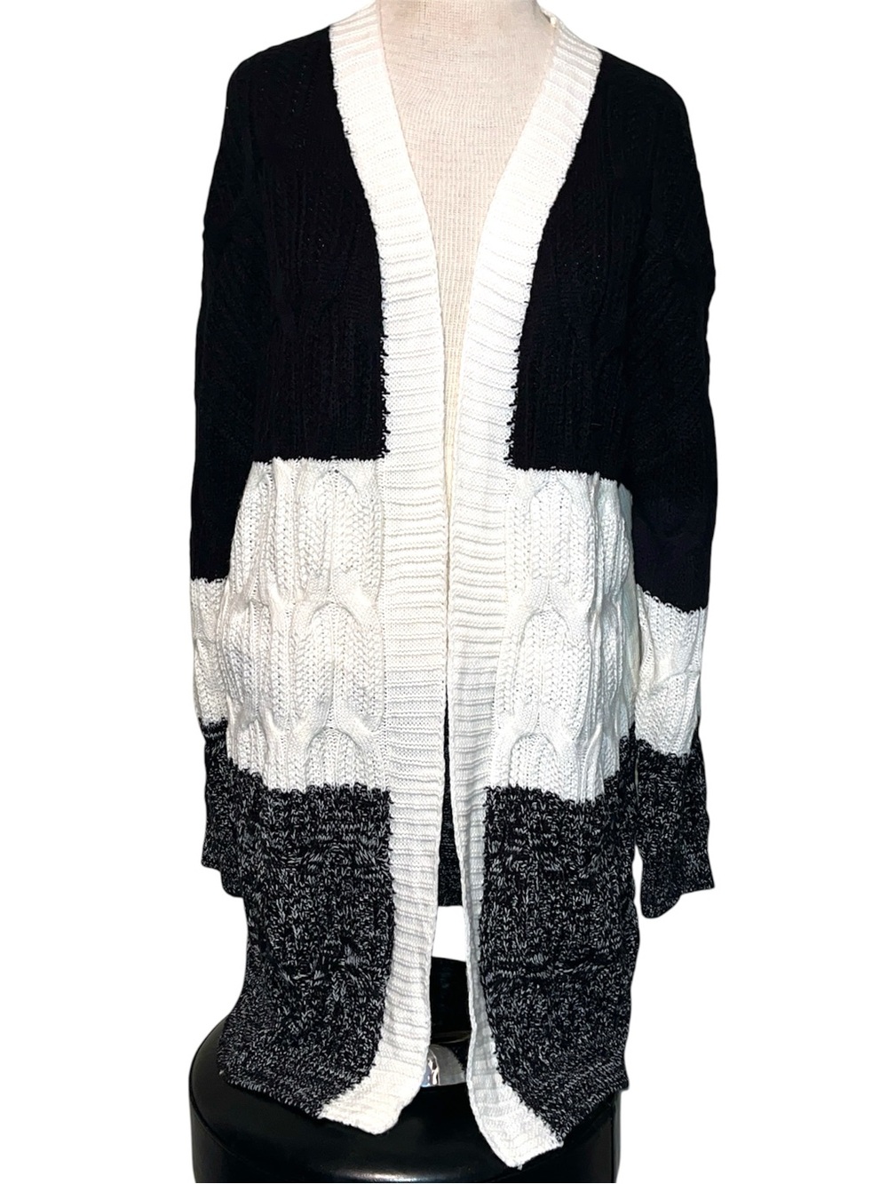 SHEIN Black White Gray Colorblock Cable Knit Open Cardigan size large